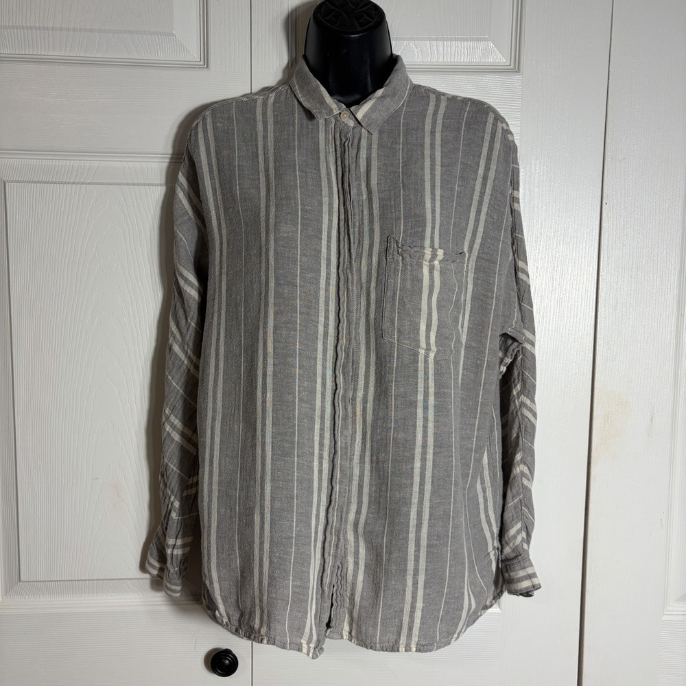 Lucky Brand Linen Blend Shirt Women S Gray White Striped Split Back High Low Top